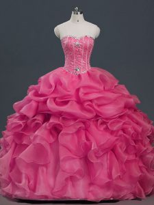 Floor Length Lace Up Ball Gown Prom Dress Hot Pink for Military Ball and Sweet 16 and Quinceanera with Beading and Ruffles and Pick Ups