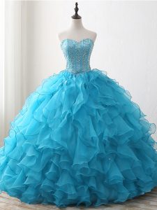 Top Selling Baby Blue Ball Gowns Beading and Ruffles Quinceanera Gown Lace Up Organza Sleeveless Floor Length