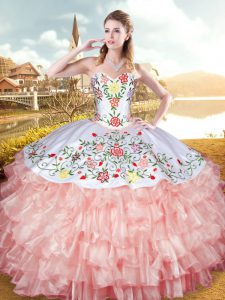 Peach Ball Gowns Embroidery and Ruffled Layers Quinceanera Dress Lace Up Organza and Taffeta Sleeveless Floor Length