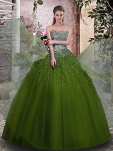 Olive Green Ball Gowns Beading 15th Birthday Dress Lace Up Tulle Sleeveless Floor Length