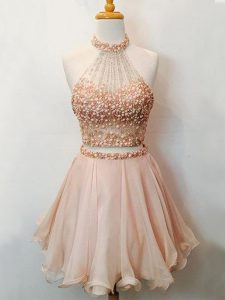 Deluxe Champagne Two Pieces Organza Halter Top Sleeveless Beading Knee Length Lace Up Quinceanera Dama Dress