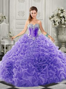 Nice Sweetheart Sleeveless Organza Ball Gown Prom Dress Beading and Ruffles Court Train Lace Up