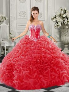 Fancy Sleeveless Court Train Beading and Ruffles Lace Up Quince Ball Gowns