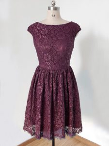 Scoop Cap Sleeves Lace Up Court Dresses for Sweet 16 Dark Purple Lace
