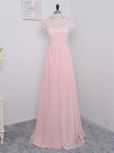Chiffon Scoop Short Sleeves Zipper Lace Quinceanera Court of Honor Dress in Baby Pink