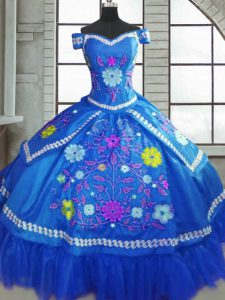 Popular Blue Lace Up Quinceanera Dress Beading and Embroidery Short Sleeves Floor Length