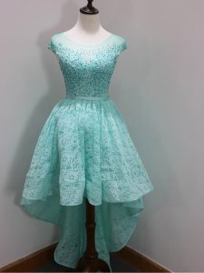 Fantastic Aqua Blue Dama Dress Prom and Party and Wedding Party with Beading and Lace Scoop Cap Sleeves Zipper