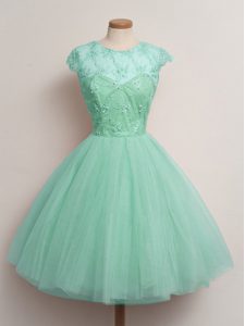 Knee Length Apple Green Dama Dress for Quinceanera Scoop Cap Sleeves Lace Up