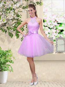 Flare Lavender Tulle Lace Up Quinceanera Dama Dress Sleeveless Knee Length Lace and Belt