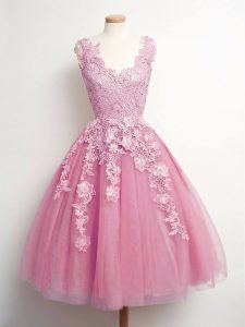 Traditional Pink Quinceanera Court of Honor Dress Prom and Party and Wedding Party with Lace V-neck Sleeveless Lace Up