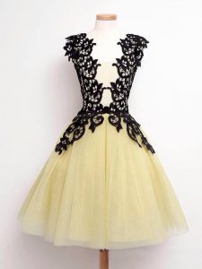 Gold A-line Tulle Straps Sleeveless Lace Knee Length Lace Up Dama Dress for Quinceanera