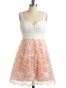 Spectacular Sleeveless Lace Knee Length Lace Up Dama Dress for Quinceanera in Peach with Lace