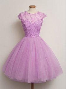 Cap Sleeves Lace Up Knee Length Lace Quinceanera Court Dresses