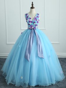 Light Blue V-neck Neckline Appliques and Belt Quinceanera Gown Sleeveless Lace Up