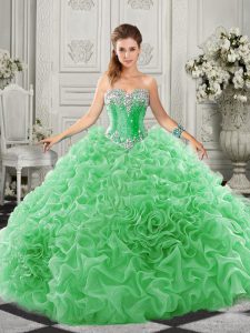 Sleeveless Organza Court Train Lace Up Quinceanera Gown in Green with Beading and Ruffles