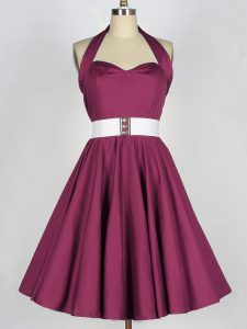 Trendy Burgundy A-line Taffeta Halter Top Sleeveless Belt Knee Length Lace Up Quinceanera Court of Honor Dress