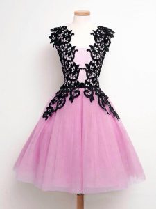 Lilac A-line Tulle Straps Sleeveless Lace Knee Length Lace Up Dama Dress for Quinceanera