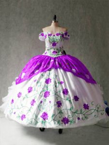 Eye-catching Ball Gowns Ball Gown Prom Dress White And Purple Off The Shoulder Organza and Taffeta Cap Sleeves Floor Length Lace Up