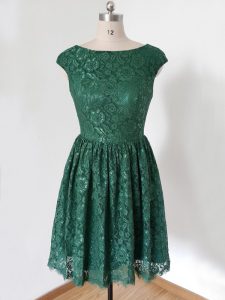 Dark Green Lace Lace Up Court Dresses for Sweet 16 Cap Sleeves Knee Length Lace