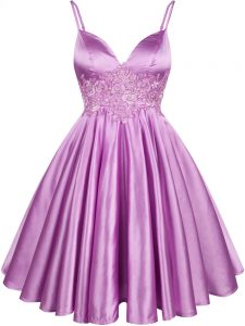 Lilac Sleeveless Elastic Woven Satin Lace Up Quinceanera Court of Honor Dress for Prom and Party and Wedding Party