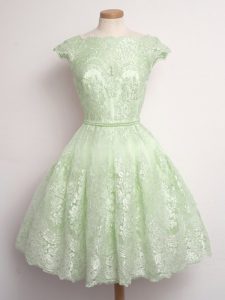 Perfect Cap Sleeves Knee Length Lace Lace Up Quinceanera Court Dresses with Yellow Green