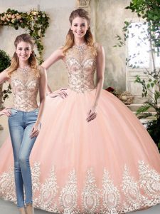 Peach Tulle Lace Up Scoop Sleeveless Floor Length Quinceanera Gown Beading and Lace and Appliques