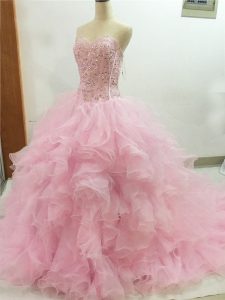 Baby Pink Lace Up Vestidos de Quinceanera Beading and Ruffles Sleeveless Brush Train