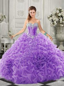 Lace Up Quince Ball Gowns Lavender for Military Ball and Sweet 16 and Quinceanera with Beading and Ruffles Court Train