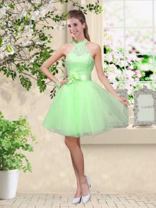 Ideal Sleeveless Tulle Knee Length Lace Up Damas Dress in with Lace and Belt