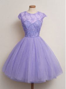 Pretty Lavender Ball Gowns Tulle Scoop Cap Sleeves Lace Knee Length Lace Up Quinceanera Court Dresses