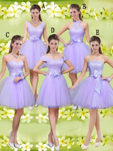Fashionable Tulle V-neck Sleeveless Lace Up Lace and Belt Dama Dress for Quinceanera in Lilac