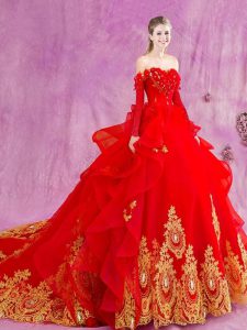 Red Quinceanera Gowns Tulle Court Train Sleeveless Appliques and Ruffles