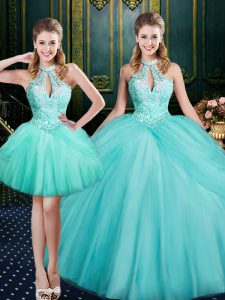 Beautiful Floor Length Ball Gowns Sleeveless Aqua Blue Quince Ball Gowns Lace Up