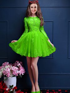 Green Scalloped Neckline Beading and Lace and Appliques Quinceanera Court Dresses 3 4 Length Sleeve Lace Up