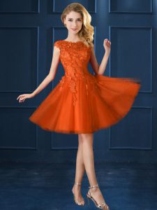 Extravagant Orange Red Lace Up Vestidos de Damas Lace and Belt Cap Sleeves Knee Length