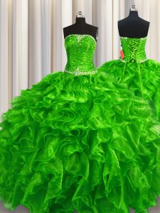 Green Sleeveless Beading and Ruffles Floor Length 15 Quinceanera Dress