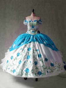 Floor Length Lace Up Quinceanera Dresses Blue And White for Military Ball and Sweet 16 and Quinceanera with Embroidery and Ruffles