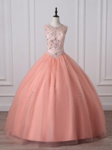 Floor Length Peach Sweet 16 Dresses Scoop Sleeveless Zipper