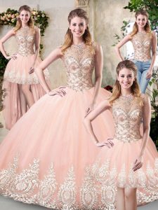 Flirting Peach Tulle Backless 15th Birthday Dress Sleeveless Floor Length Beading and Lace and Appliques