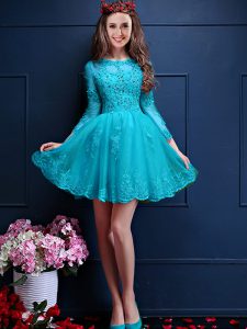 Edgy Chiffon 3 4 Length Sleeve Mini Length Dama Dress for Quinceanera and Beading and Lace and Appliques