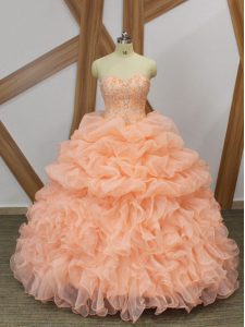 Customized Peach Sleeveless Beading and Ruffles and Pick Ups Lace Up 15 Quinceanera Dress
