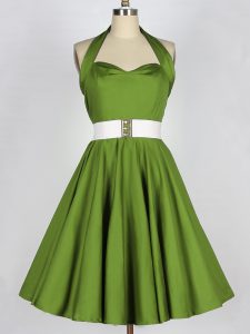 Custom Designed Olive Green Sleeveless Knee Length Belt Lace Up Damas Dress