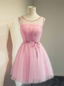 Chic Scoop Sleeveless Quinceanera Court of Honor Dress Knee Length Belt Rose Pink Tulle