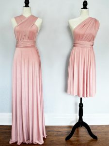 Pink Empire Halter Top Sleeveless Chiffon Floor Length Lace Up Ruching Quinceanera Dama Dress