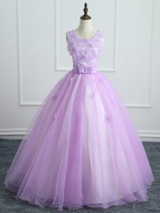 Sleeveless Lace Up Floor Length Lace and Appliques and Bowknot Quinceanera Dresses