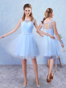 Scoop Sleeveless Quinceanera Dama Dress Knee Length Ruching and Belt Blue Tulle
