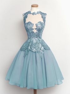 High-neck Sleeveless Lace Up Dama Dress for Quinceanera Light Blue Chiffon