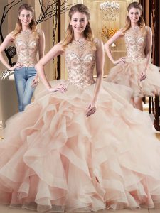 Peach Three Pieces Scoop Sleeveless Tulle Brush Train Lace Up Beading and Ruffles 15th Birthday Dress