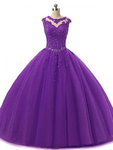 Customized Sleeveless Tulle Floor Length Lace Up Quinceanera Gowns in Dark Purple with Beading and Lace