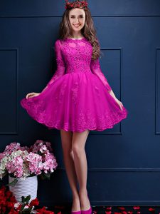 Fuchsia Scalloped Lace Up Beading and Lace and Appliques Quinceanera Court Dresses 3 4 Length Sleeve